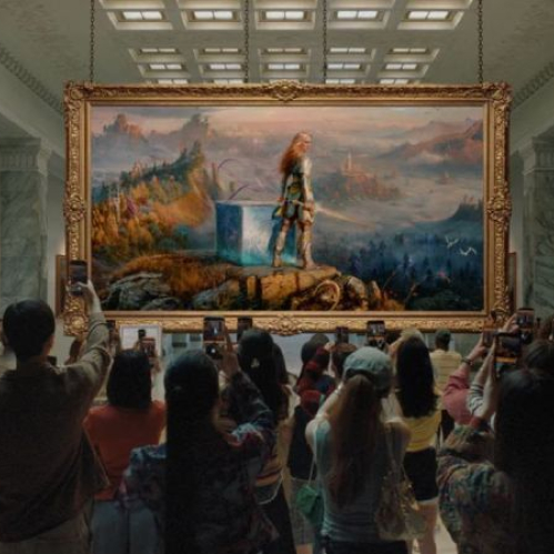 Fotografía promocional de la campaña "It Happens on PS5". Muestra el interior de una galería de arte o museo repleta de visitantes sosteniendo sus teléfonos móviles para fotografiar un enorme cuadro enmarcado en dorado colgado al centro. La pintura muestra una figura guerrera femenina sobre una roca frente a un paisaje fantástico con niebla y ruinas. En la pared izquierda cuelga otra gran pintura con Kratos y Atreus de God of War a bordo de una barca.