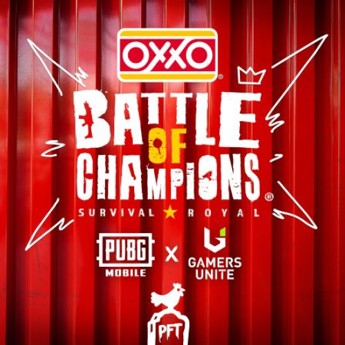 Póster con fondo metálico rojo que muestra el logotipo de OXXO Battle of Champions junto a las marcas PUBG MOBILE, Gamers Unite y PFT.