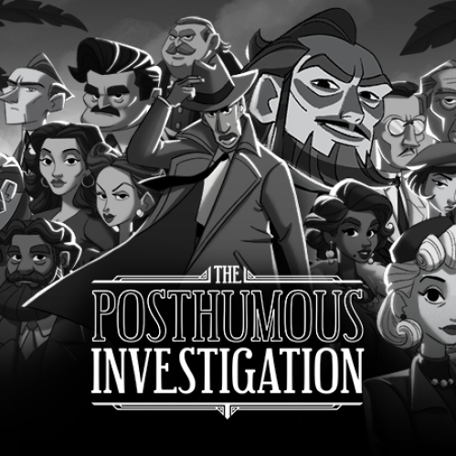 Ilustración en blanco y negro de estilo noir para The Posthumous Investigation. Muestra a un grupo numeroso de personajes en estilo caricatura retro ambientados en el Río de Janeiro clásico, rodeados de palmeras. En el centro destaca un detective con sombrero fedora y abrigo, junto con el logotipo principal del juego.