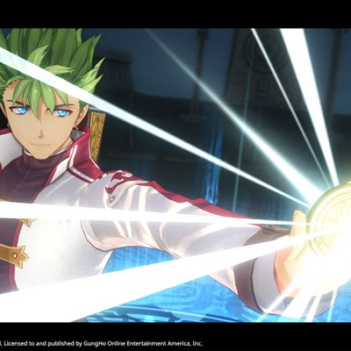 Personaje de cabello verde sosteniendo un artefacto luminoso en un entorno mágico con efectos de luz intensos y estética de fantasía.