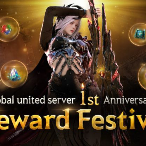 Arte promocional oficial del evento "Global United Server 1st Anniversary Reward Festival" de Black Desert Mobile Remastered. En el centro aparece una personaje femenina de cabello blanco vestida con una armadura oscura estilizada con detalles metálicos. A su alrededor flotan esferas doradas brillantes que contienen diversos ítems y recompensas del juego, como pergaminos, cofres y gemas. En la parte inferior destaca el texto en letras doradas sobre un fondo oscuro.