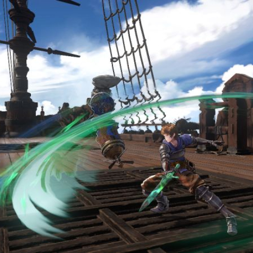 Escena de combate en un barco con personajes realizando ataques de energía en un videojuego de acción.
