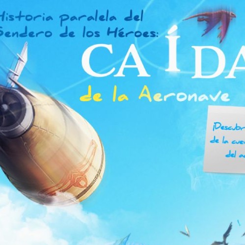 Imagen promocional oficial del evento de Ragnarök Online. Se observa una aeronave o dirigible metálico cayendo en picada desde un cielo azul con nubes blancas hacia un paisaje en la parte inferior. En la esquina superior derecha se lee en tipografía azul el texto "Historia paralela del Sendero de los Héroes: CAÍDA de la Aeronave", junto a una criatura voladora. En la parte inferior derecha hay una nota adhesiva blanca con la frase "¡Descubre el secreto de la cueva en el lugar del accidente!".