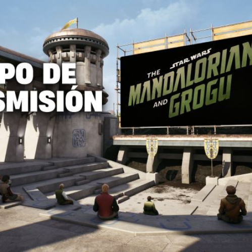 Personas reunidas en un espacio futurista al aire libre frente a una pantalla gigante con temática de Star Wars.