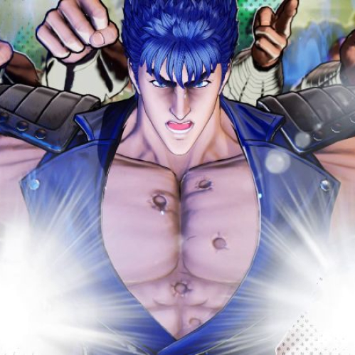Primer plano del personaje Kenshiro del anime Fist of the North Star en el estilo artístico cell-shading del videojuego FATAL FURY: City of the Wolves. El luchador tiene cabello azul texturizado, expresión furiosa con la boca abierta, y muestra su pecho descubierto con cicatrices circulares distintivas. De fondo, se aprecian múltiples ráfagas e imágenes residuales de sus propios puños lanzando golpes veloces, acompañados de destellos de luz blanca y efectos de energía en tonos azules.