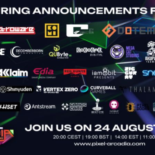 Imagen promocional oficial del evento Pixel Arcadia: The Future of Retro. Muestra un fondo oscuro con destellos luminosos en tonos neón morados, verdes y rosados. En la parte superior e intermedia se despliega una cuadrícula con más de 30 logotipos de marcas y distribuidoras de videojuegos clásicos y retro, entre las que destacan Atari, Retroware, Dotemu, Clear River Games, MicroProse, QuByte, Limited Run Games, iam8bit y PQuBe. En la esquina inferior izquierda se observa el logotipo neón de Pixel Arcadia y en el centro-derecha el texto en blanco "JOIN US ON 24 AUGUST 2026" junto a los horarios internacionales y la dirección web www.pixel-arcadia.com.
