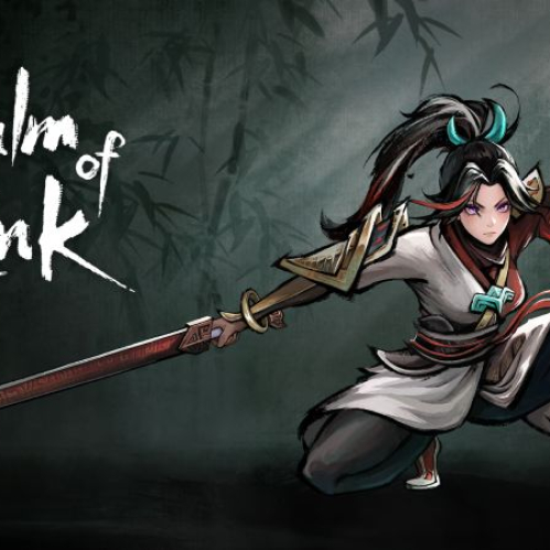 Ilustración de un personaje con espada en un entorno oscuro con estética de tinta.