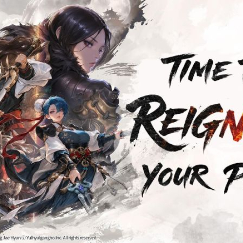 Imagen promocional de Blade & Soul NEO Reignited. A la derecha destaca el texto en inglés "TIME TO REIGNITE YOUR PATH" en pinceladas de tinta negra con la palabra "REIGNITE" envuelta en llamas. A la izquierda aparecen cuatro personajes con estética Wuxia e indumentarias de fantasía oriental empuñando espadas y grandes armas. En la esquina superior izquierda se aprecia el logotipo de "Blade & Soul NEO".
