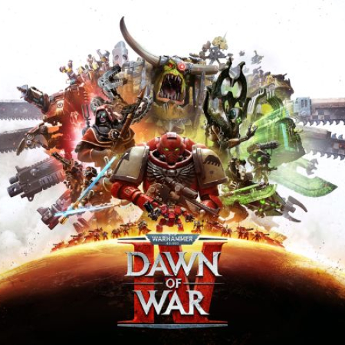 Arte conceptual y portada oficial de "Warhammer 40,000: Dawn of War IV". Sobre un fondo que muestra la superficie de un planeta anaranjado bajo el espacio oscuro, se aprecian múltiples facciones en combate. Al centro destaca un Marine Espacial con armadura roja y el logotipo oficial del juego "WARHAMMER 40,000 DAW OF WAR IV". A su alrededor se alzan unidades imponentes como un guerrero Orko rugiendo con mandíbulas mecánicas, soldados imperiales, guerreros necrones con brillo verdoso y estructuras metálicas masivas con sierras y armas de alta tecnología.