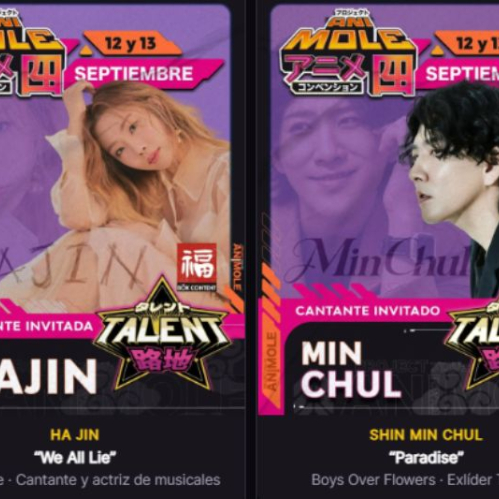 Composición de dos carteles promocionales de AniMole 4 con fondo morado y rosa. A la izquierda, la cantante HA JIN en tono beige con la leyenda "We All Lie" - SKY Castle. A la derecha, el cantante Shin Min Chul de perfil en tono oscuro con la leyenda "Paradise" - Boys Over Flowers. En la parte superior indica las fechas 12 y 13 de septiembre.