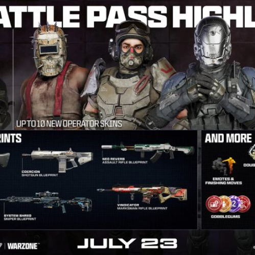 Infografía promocional oficial titulada S05 BATTLE PASS HIGHLIGHTS para Call of Duty: Black Ops 7 y Warzone. En la franja superior se muestran cinco operadores en fila: Spectre con casco táctico oscuro con visera de cristal a la izquierda, un operador con máscara de hierro soldada, un soldado con casco militar y respirador central, un combatiente con casco cibernético plateado y una operadora con casco militar táctico oscuro. En el panel inferior izquierdo se aprecian imágenes de las dos nuevas armas base (el fusil FG42 y el subfusil Gremlin) junto a proyectos de armas como Coercion, System Shred, Neo Reverb y Vindicator. En la sección inferior derecha destacan íconos de fichas de doble XP (2XP), monedas COD Points, fichas GobbleGums y la caja promocional de la actualización a BlackCell con fecha de lanzamiento para el 23 de julio.