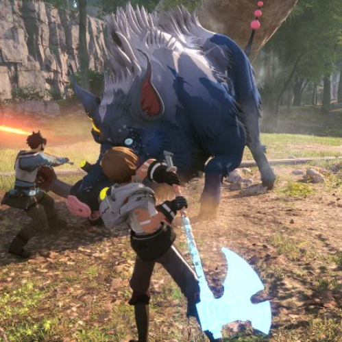 Escena de combate en un entorno natural donde dos personajes armados enfrentan a una criatura de gran tamaño.