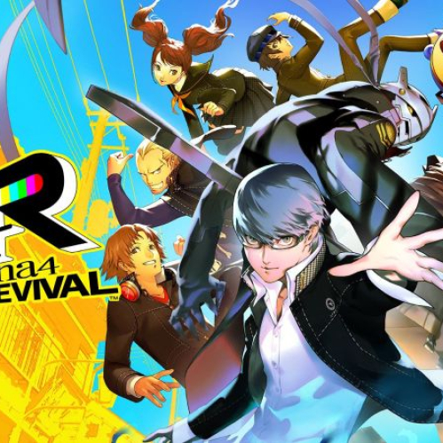 Ilustración oficial del juego Persona 4 Revival con un fondo amarillo brillante y arquitectura urbana. En primer plano aparece el protagonista ajustándose los lentes junto a su Persona Izanagi, acompañado por sus amigos Chie Satonaka, Yosuke Hanamura, Yukiko Amagi, Kanji Tatsumi, Rise Kujikawa, Naoto Shirogane y Teddie en posturas de acción.
