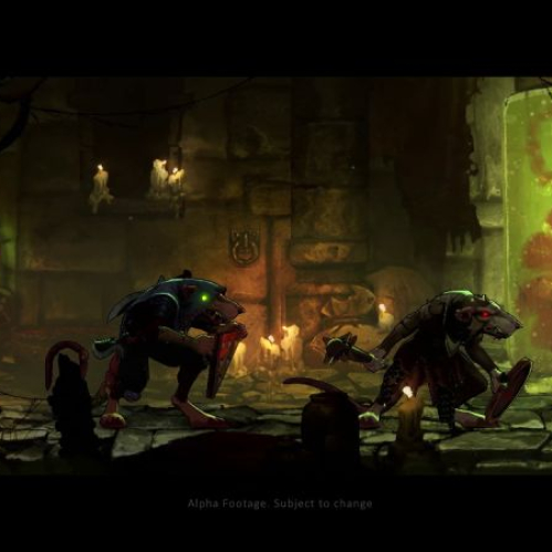 Escena de un videojuego con criaturas humanoides en un entorno oscuro iluminado por velas y maquinaria.