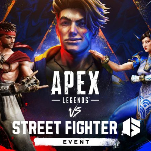 Imagen promocional del evento Apex Legends VS Street Fighter 6. En el centro aparece la Leyenda Mirage con el atuendo de Luke, flanqueado por la izquierda por una Leyenda caracterizada como Ryu y por la derecha por una Leyenda vistiendo el atuendo azul de Chun-Li, sobre un fondo con los logotipos oficiales de ambos juegos.