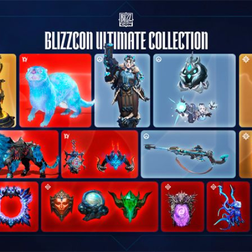 Imagen promocional oficial con fondo oscuro en retícula que muestra todas las recompensas digitales de la Colección Definitiva de la BlizzCon 2026. Arriba al centro destaca el logotipo de BlizzCon junto al texto "BLIZZCON ULTIMATE COLLECTION". Las tarjetas ilustrativas están agrupadas por juego en recuadros de colores: a la izquierda, los objetos de World of Warcraft en fondo naranja y morado con un fénix dorado y el conejo alado Xal'iebre; al centro superior, Diablo IV con una nutria azul brillante Hocicaudal y un felino azabache; en azul, Overwatch con la skin Mei Reina Exánime y el arma Agonía de Escarcha de Ana; a la derecha, en amarillo, la carta Mago sangriento Thalnos y dorsos de cartas de Hearthstone; en la parte inferior se incluyen los trofeos de Diablo Immortal, mascotas adicionales y tarjetas de perfil.