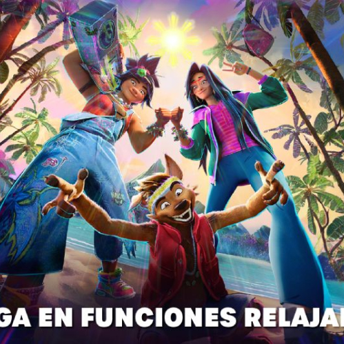 Póster promocional de la película animada La Isla Olvidada. Al centro aparecen las dos jóvenes protagonistas sonriendo y posando sobre un paisaje tropical con palmeras; en la parte inferior resalta un personaje animado cuadrúpedo con cinta en la cabeza y chaleco rojo abriendo los brazos. En el borde inferior destaca la leyenda "¡LLEGA EN FUNCIONES RELAJADAS!" en letras blancas sobre fondo oscuro.   