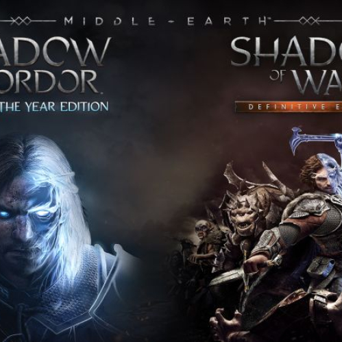 Arte promocional dividido en dos partes. A la izquierda, el rostro de Talion con ojos brillantes en azul correspondiente a Middle-earth: Shadow of Mordor Game of the Year Edition. A la derecha, Talion empuñando un martillo de combate rodeado de orcos en Middle-earth: Shadow of War Definitive Edition.
