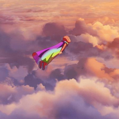 Figura animada surcando el cielo sobre un mar de nubes, con una capa multicolor que deja un rastro luminoso mientras avanza.
