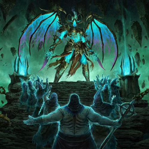 Escena de fantasía oscura con una figura alada de gran tamaño rodeada de energía azul y púrpura en un entorno cavernoso.