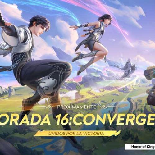 Arte promocional de la Temporada 16: Convergencia de Honor of Kings. Muestra a dos personajes jóvenes de estética anime flotando y realizando acrobacias aéreas sobre un paisaje montañoso iluminado con rastros de energía mágica azul y dorada. En el centro aparece el texto "TEMPORADA 16: CONVERGENCIA" sobre un fondo brillante.