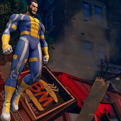 Personaje de apariencia heroica posando sobre escombros en un entorno urbano destruido, iluminado por tonos cálidos y humo ascendente.