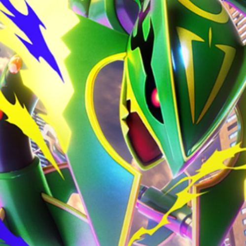 Empaque oficial del paquete de refuerzo (booster pack) de JCC Pokémon Pocket para la expansión Dominador de los Cielos. El sobre, en formato vertical con bordes verdes metálicos, muestra en el centro a Mega Rayquaza en una pose dinámica rugiendo con fauces abiertas entre un fondo de rascacielos y rayos de energía eléctricos amarillos y púrpuras. En la parte superior se ubica el logo oficial de Pokémon TCG Pocket y en la parte inferior resalta la tipografía verde y dorada con el nombre de la expansión "DOMINADOR DE LOS CIELOS".