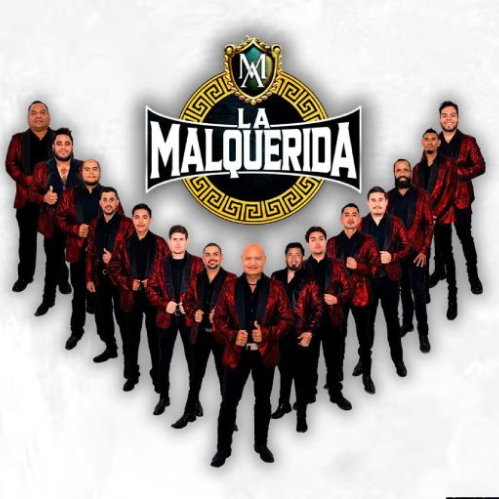 Fotografía grupal de una banda regional mexicana posando frente a un emblema circular con su nombre, vestidos con trajes coordinados en tonos rojos y negros.