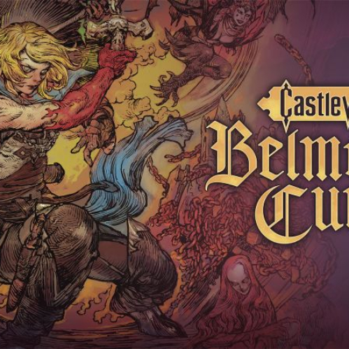 Ilustración artística gótica promocional para el videojuego Castlevania: Belmont’s Curse. En el costado izquierdo destaca la figura de Rose Belmont, una guerrera de cabello rubio, mirada desafiante y armadura ligera de cuero, sosteniendo con fuerza una espada sagrada de donde emana energía dorada. A su alrededor se aprecian sombras de criaturas, espectros de la noche y siluetas góticas en tonos morados y carmesí. En la mitad derecha se muestra el logotipo oficial del título en tipografía gótica dorada sobre un fondo en gradiente violeta oscuro, con la leyenda de derechos reservados de Konami Digital Entertainment en la esquina inferior.