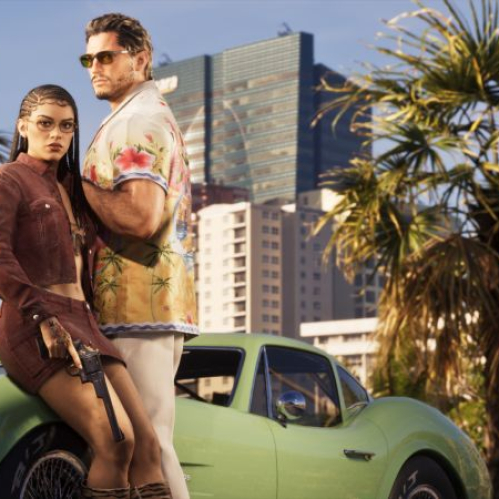Dos figuras armadas posan frente a un automóvil clásico en un entorno urbano con estética retro.