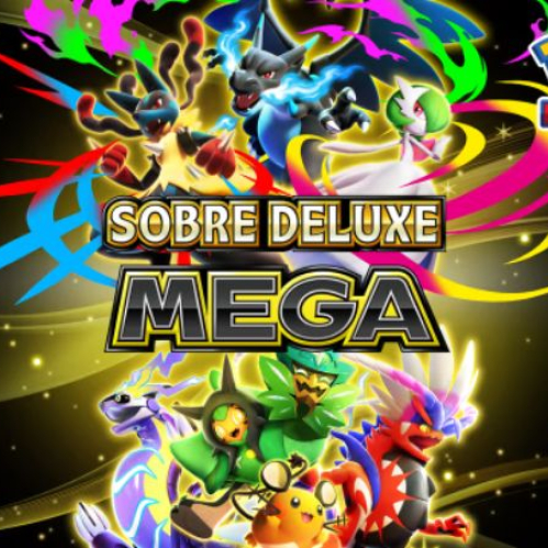 Arte promocional oficial del sobre de mejora especial Sobre Deluxe MEGA de Pokémon Pocket. En la parte superior destacan Mega-Lucario, Mega-Charizard X y Mega-Gardevoir rodeados de destellos de colores. En el centro se muestra el logotipo "SOBRE DELUXE MEGA" en letras doradas y metálicas. En la sección inferior aparecen Ogerpon en sus formas máscara, Miraidon, Koraidon y Dedenne.   