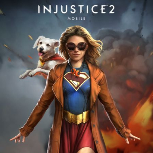 Heroína con atuendo moderno y capa roja acompañada de un perro volador en un entorno de acción.