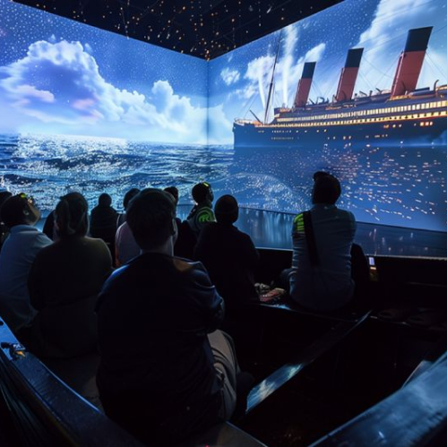Fotografía del interior de una sala de exposición inmersiva donde un grupo de personas permanece sentado dentro de una réplica de bote salvavidas de madera, observando proyecciones de 360 grados que muestran al barco Titanic navegando sobre un océano digital bajo un cielo nocturno estrellado.