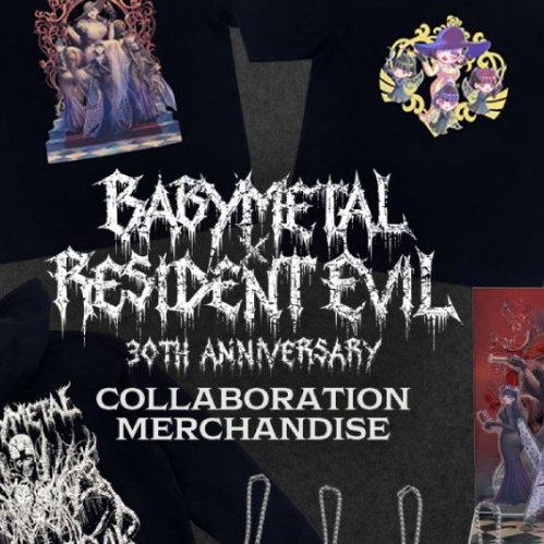 Vista general de la colección especial que incluye camisetas, sudadera, soporte acrílico y llaveros, con diseños que combinan la estética de BABYMETAL con personajes de Resident Evil, bajo el título de la colaboración y mención al 30 aniversario.