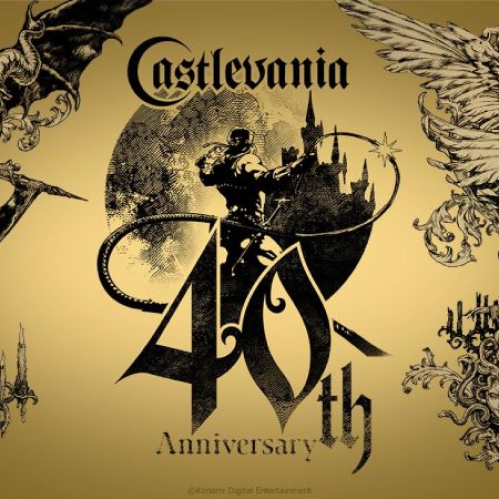 Arte promocional oficial del 40.º aniversario de Castlevania. Presenta un fondo dorado elegante con ilustraciones góticas detalladas a los lados que representan esqueletos, demonios, ángeles y criaturas míticas. En el centro destaca la silueta en negro de un cazador de vampiros blandiendo su látigo con el castillo de fondo, superpuesta sobre la inscripción dorada y negra "Castlevania 40th Anniversary".   