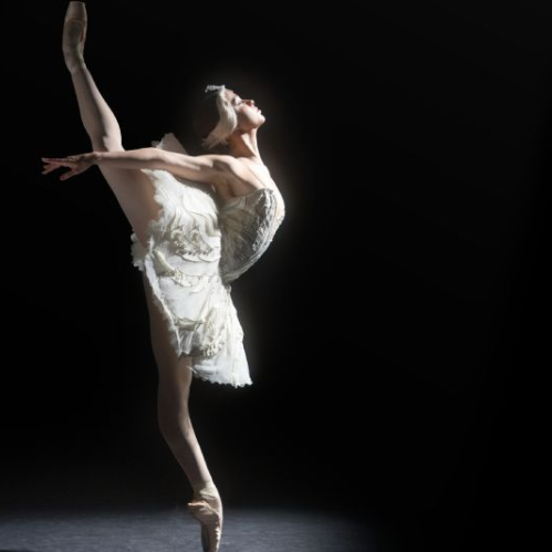 Bailarina caracterizada como el personaje del cisne en una pose de ballet clásico, sobre un fondo oscuro iluminado por un haz de luz cenital. Viste tutú blanco detallado y mantiene una pierna elevada en extensión vertical sobre punta.