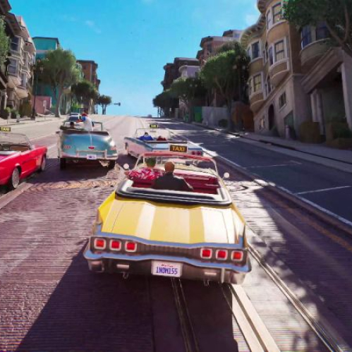 Captura de pantalla de jugabilidad de Crazy Taxi: World Tour. Muestra una amplia avenida inclinada al estilo de San Francisco en un día soleado, donde cuatro descapotables clásicos de colores amarillo, rojo y azul compiten a toda velocidad cuesta abajo. A la izquierda, un automóvil negro sale volando por los aires entre los árboles y edificios tras una colisión.