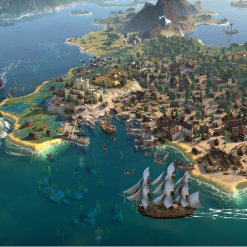 Captura de pantalla de jugabilidad en plano general elevado con vista isométrica de un mapa tridimensional en HUMANKIND 2. La toma muestra una península con una ciudad amurallada de arquitectura medieval repleta de casas con techos de madera, torres y castillos costeros construidos sobre acantilados rocosos. En el mar de aguas turquesas y transparentes navega un gran barco de vela de época en primer plano, mientras que en las colinas verdes del fondo se observan unidades militares a caballo.