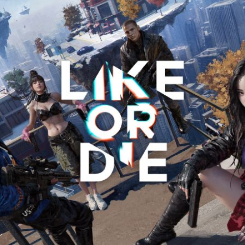 Arte promocional del videojuego Like or Die. En el centro destaca el título "LIKE OR DIE" en letras blancas gruesas con efectos de glitch en azul y rojo. Al fondo se observa una ciudad futurista con edificios flotantes y calles fracturadas en el aire. En primer plano hay cuatro personajes estilizados vestimentas urbanas y futuristas: a la izquierda, un joven con lentes y chamarra azul sosteniendo un rifle de francotirador; detrás, una chica con peinado alto; al centro, un hombre con chaleco de combate; y a la derecha en primer plano, una chica con abrigo de piel sintética y guantes de cuero sentada en una cornisa.
