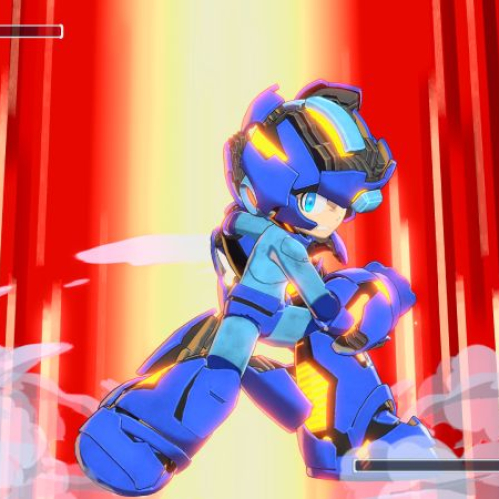 Captura de pantalla de jugabilidad en 2.5D de Mega Man: Dual Override en alta resolución. Mega Man se encuentra al centro sobre un fondo con ráfagas verticales de luz roja y amarilla. Viste su armadura azul clásica, reforzada con placas cibernéticas extendidas y destellos dorados brillantes en el casco, hombros y buster, en una pose de combate flexionada hacia la izquierda mientras activa el modo Override. En la interfaz superior e inferior se observan barras de salud, íconos de energía y la indicación de combate contra Astro Man R.
