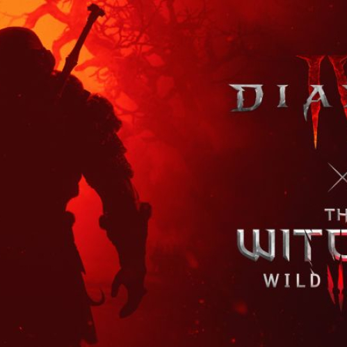 Imagen promocional oficial de la colaboración entre Diablo IV y The Witcher 3: Wild Hunt en alta resolución sobre un fondo rojo ardiente con destellos de niebla y siluetas de árboles secos. A la izquierda se distingue la silueta en sombras de un guerrero de espaldas sosteniendo una espada sobre su hombro. A la derecha resalta el logotipo oficial de Diablo IV en color blanco con el número IV en rojo brillante, seguido de un símbolo de cruz ("X") y el logotipo de The Witcher 3: Wild Hunt en tipografía metálica plateada.