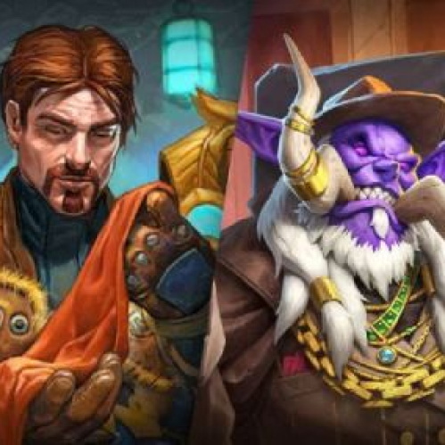 Ilustración digital oficial en alta resolución dividida en cuatro paneles rectangulares que muestran a los personajes principales de los kits de clase de "Hearthstone". De izquierda a derecha: un cazafantasmas Sacerdote de piel grisácea y barba blanca sosteniendo una campana dorada; Mathias Shaw con ropa de cuero y bufanda roja; Kazakus luciendo sombrero, vestimentas elegantes y gemas; y un Guerrero Worgen con parche en el ojo y armadura azul sosteniendo un cañón de mano.