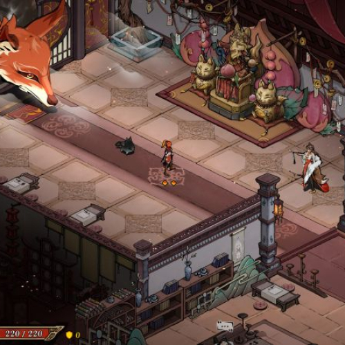 Escena isométrica de un videojuego ambientado en un templo decorado con elementos orientales, donde personajes y criaturas interactúan en un entorno detallado.