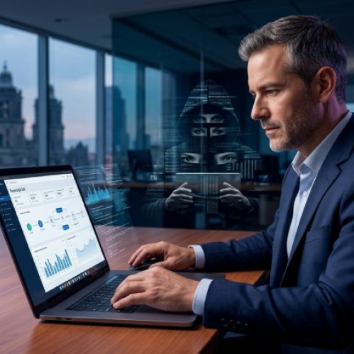 Persona trabajando en una computadora con gráficos de datos, mientras una figura encapuchada aparece como representación de una amenaza digital.