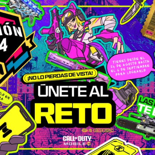 Arte promocional oficial con estética de colaje tipo sticker pop en tonos neón amarillo, verde y magenta para el evento "Reto Conexión 10/14" de "Call of Duty: Mobile". Muestra ilustraciones estilo cómic de personajes como Ghost e hidras, armamento especial, un teléfono inteligente con el logo del juego, una tarjeta de visita con la leyenda "Golden Ticket" y textos flotantes promocionales sobre las fechas del evento.