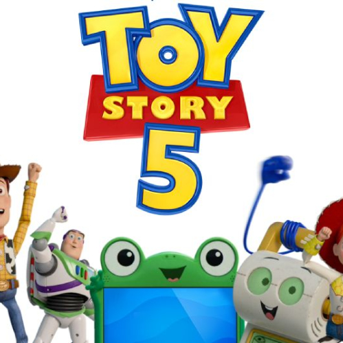 Arte promocional de la película 'Toy Story 5' para su lanzamiento en Disney+. En la parte superior destaca el logotipo oficial con las letras en amarillo y rojo sobre el número 5 en azul. En la parte inferior posan alegremente Woody alzando los brazos, Buzz Lightyear en pose heroica, una tablet con cara de rana sonriente, un juguete electrónico de aprendizaje color blanco y Jessie levantando el brazo con su sombrero rojo.