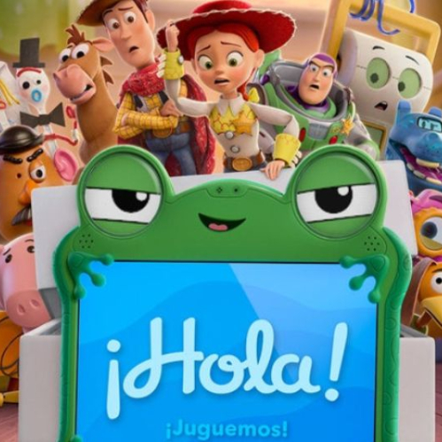 Arte promocional con personajes animados reunidos en un entorno colorido junto a un nuevo juguete electrónico.