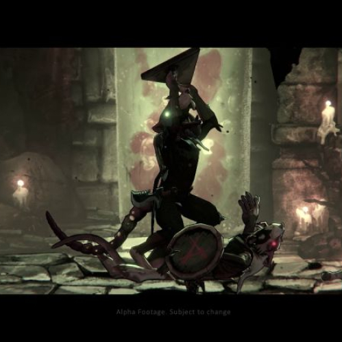 Captura de pantalla oficial del gameplay en fase alpha de "Warhammer Age of Sigmar: Deathmaster". Muestra un entorno cavernoso oscuro iluminado por velas y una pancarta con símbolos rojos. En el centro, el asesino Skaven Vihneek ejecuta de espaldas una maniobra de eliminación sigilosa contra otro enemigo en el suelo sosteniendo un escudo. En la parte inferior aparece la leyenda en texto gris "Alpha Footage. Subject to change".
