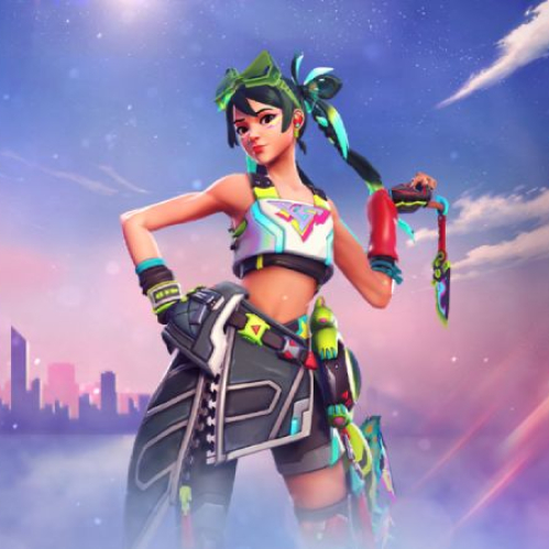 Ilustración de un personaje estilizado en un entorno futurista con colores vibrantes y estética de fantasía tecnológica.