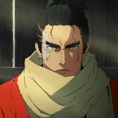 Primer plano del personaje principal Wolf en estilo de animación 2D tradicional. Muestra su rostro serio y enfocado con cicatrices visibles en la frente y el mejilla, ojos intensos y cabello oscuro recogido en un moño superior. Viste su clásica prenda roja sobre una túnica oscura y una bufanda o paño claro cubriendo su cuello, sobre un fondo de paneles de madera iluminados por haces de luz solar sutiles.